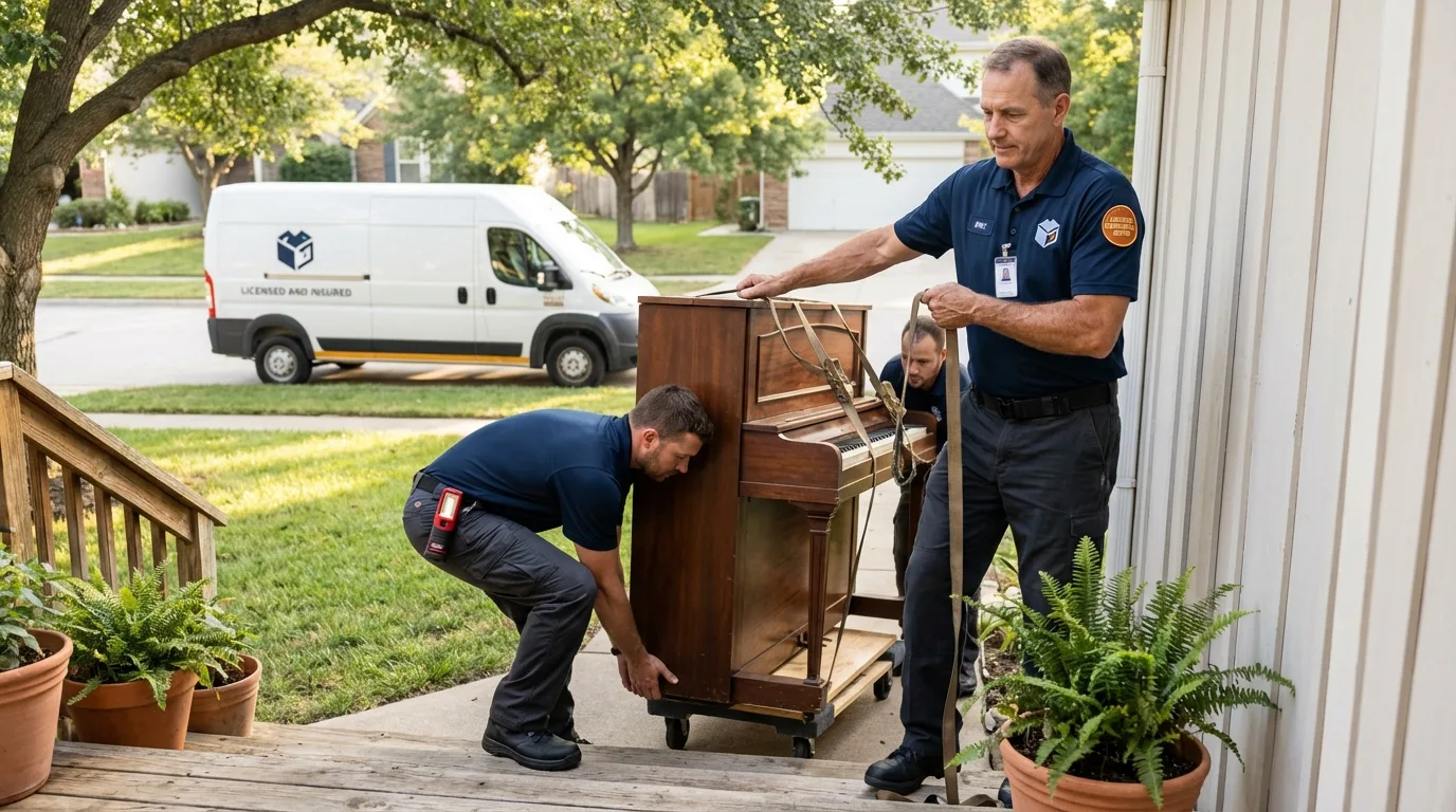 Licensed piano movers securing grand piano in New Castle, DE