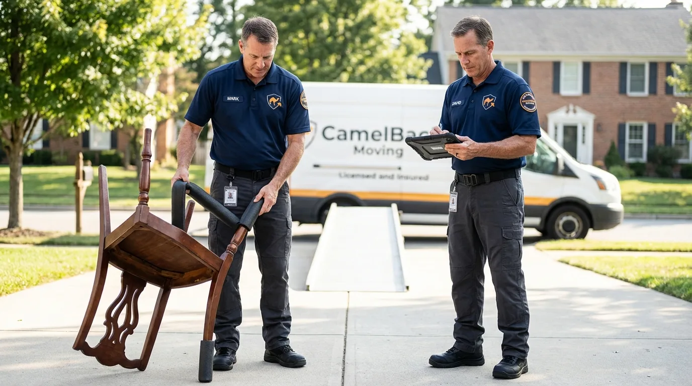 Movers inspecting furniture for damage prevention before loading in New Castle, DE