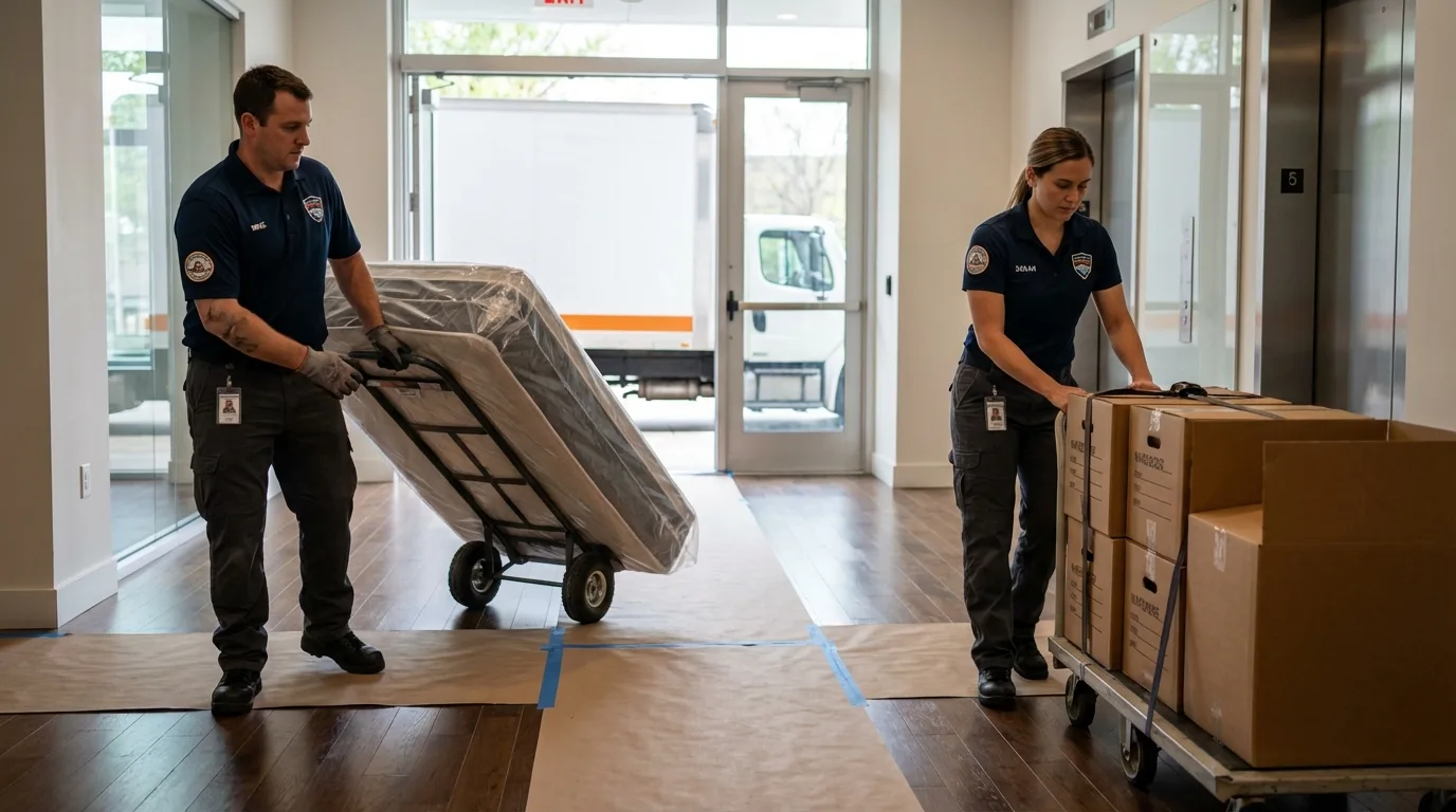 Professional apartment movers loading elevator in New Castle, DE
